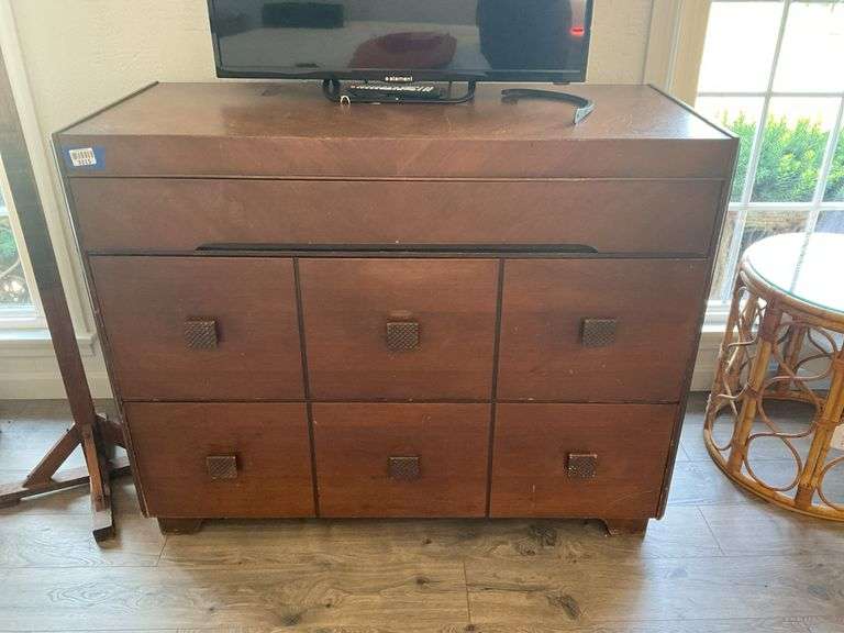 MCM mid-century modern chest of drawers w/ book-matched veneer top - no contents 35 IN X 43 IN X 19 1/2 IN