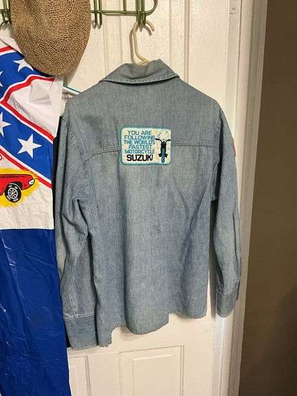 Denim shirt w/ patches, and straw cap