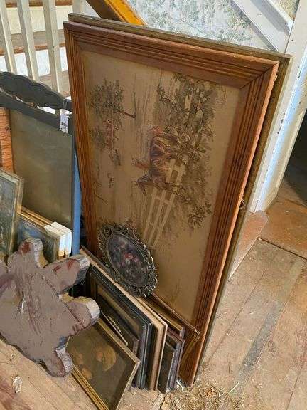 Small oak chest of drawers, wooden file stand, wooden folding chair, live edge clock, framed prints lot
