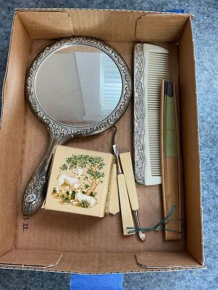 Silverplated hand mirror and comb, celluloid vanity tools, box w/ lambs on top, folding fan