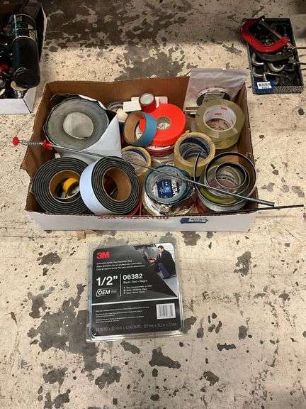 Lot to include Automotive Acrylic Plus attachment tape, tape, flagging tape and more.