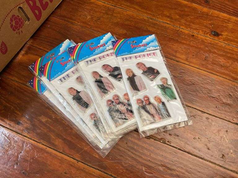 Gas station advertising, bumper stickers, souvenir desk calendar, Sting and The Police stickers in packages