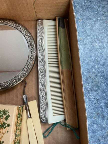 Silverplated hand mirror and comb, celluloid vanity tools, box w/ lambs on top, folding fan