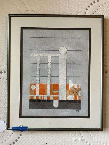 Abstract cross stitch embroidery, framed 14 1/2 X 16
