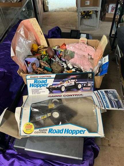 RC Road Hopper w/ box, assorted toy lot and doll dresses