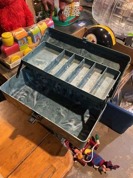 Contents of shelf: tackle boxes