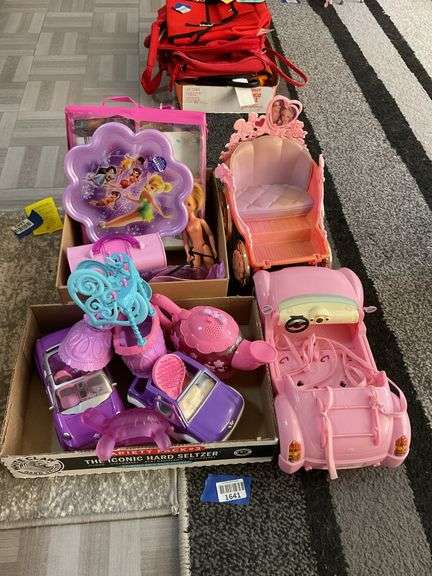 Doll accessories including: Barbie Rapunzel carriage, Barbie Beach Glam car