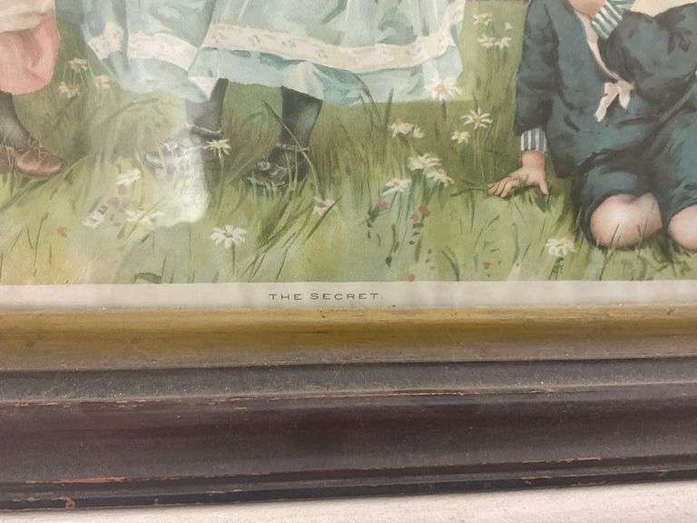 Print of Victorian Children "The Secret", framed - note water stains