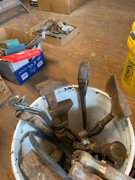 Tool lot including: hammers, mallet, monkey wrench, misc