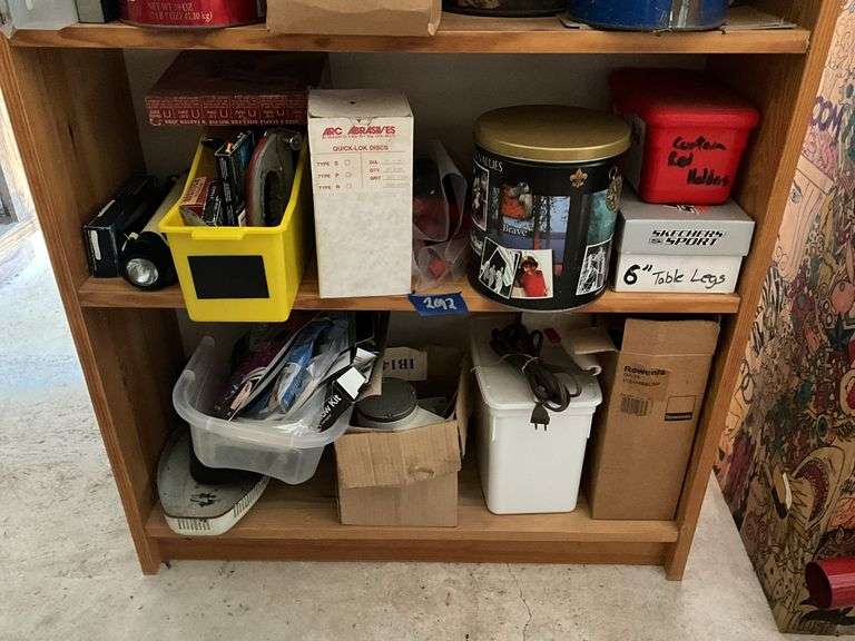 Contents of shelf unit: parts drawer cabinet, packing tape handle, hardware, misc