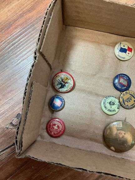 Early pinback buttons including: Presidential, War, Chambersburg Chatauqua