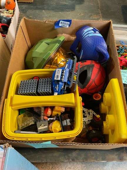 Cosplay Master Chief and Catboy masks, Spider-Man mask, Jurasic World helicopter, assorted toys