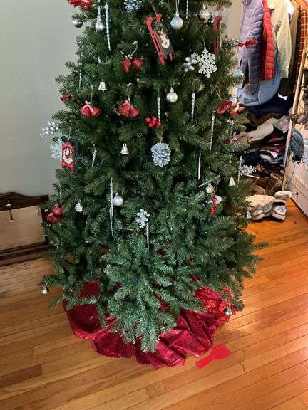 Faux Christmas tree w/ ornaments and tree skirt