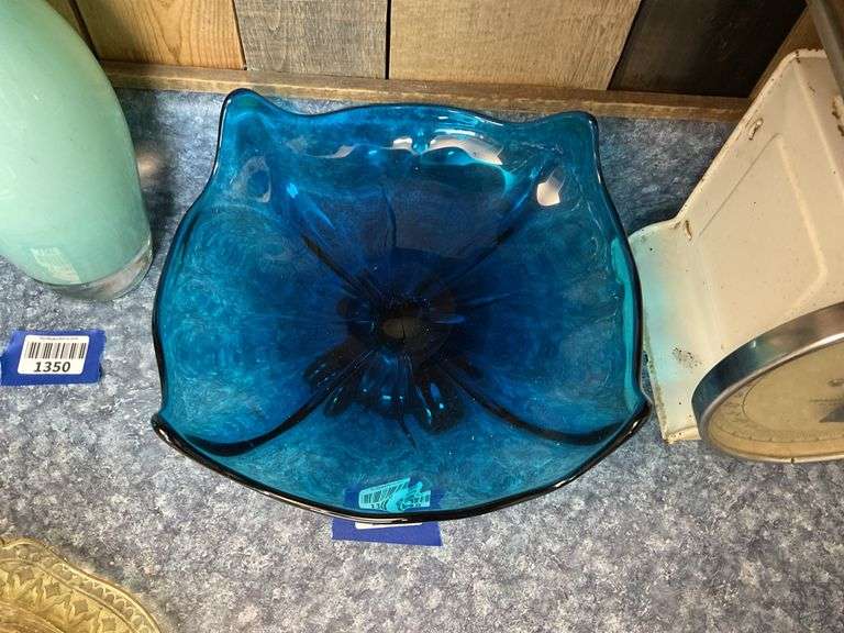 Blue art glass footed dish