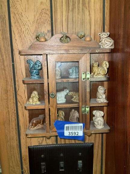 Small wall mount what-not cabinet and Wade tea figure contents