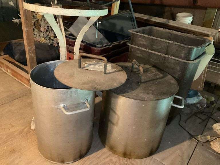 Two metal pots w/ lids, patio stand, wooden table, plastic totes, misc, *** PLEASE NOTE: This item has no stair access and must be picked up on July 15th between 11:00-1:30PM. Item will be removed from loft for pickup.