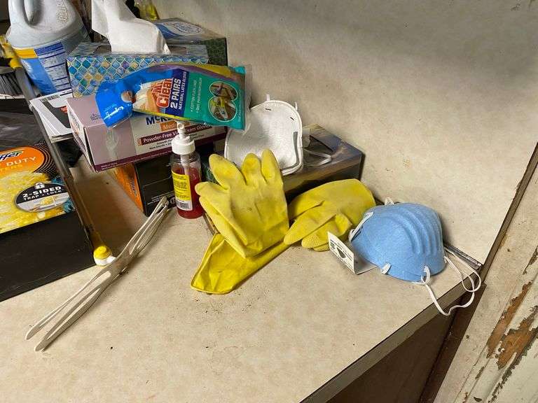 Bucket, paper towels, rubber gloves, cleaning supplies, household items lot