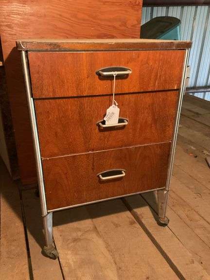 MCM wood and metal rolling drawer unit, *** PLEASE NOTE: This item has no stair access and must be picked up on July 15th between 11:00-1:30PM. Item will be removed from loft for pickup.