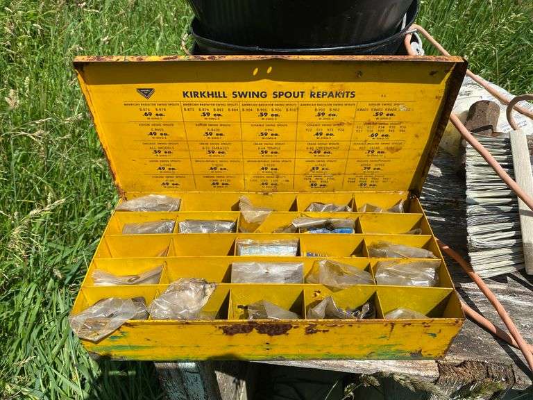 Wooden nesting box and contents: jump started, extension cords, coal bucket, buckets, replacement window, tools, misc