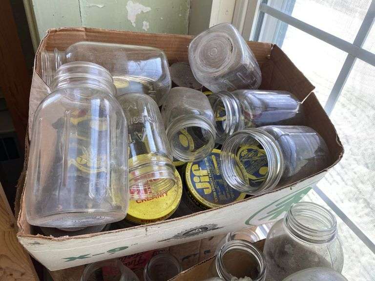 Canning jar lot, some blue, and soda bottles