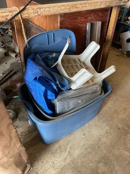 Tarps, plastic stool, plastic totes