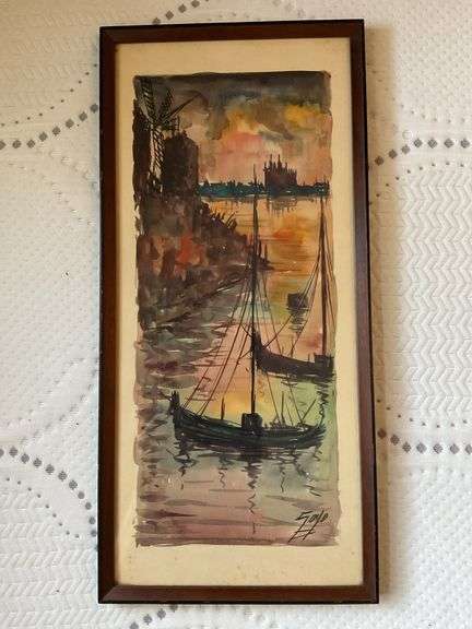 Watercolor painting, water scene w/ boats, possibly signed Floyd, framed 10 X 21
