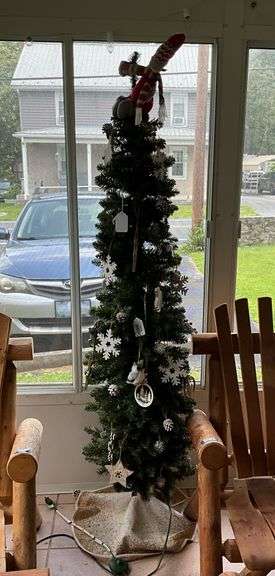 Slim faux Christmas tree w/ ornaments