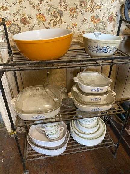 Vintage Pyrex bowls, Corning bakeware, and Corelle dinnerware