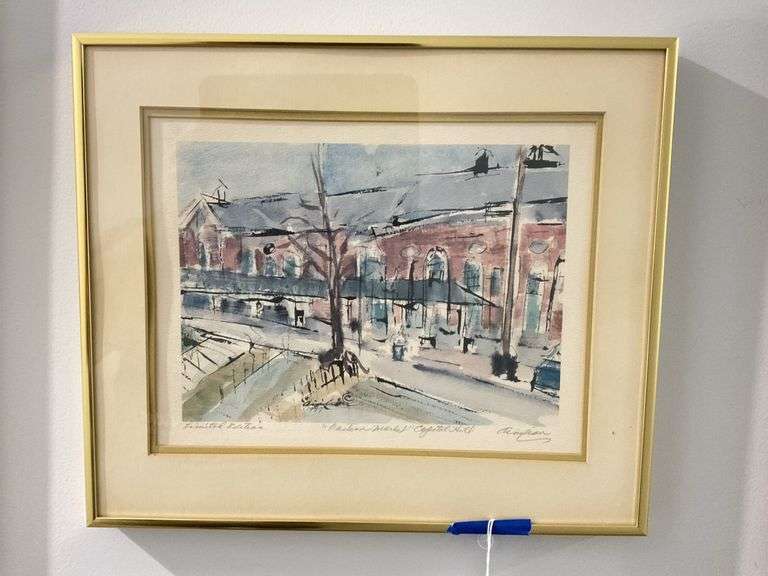 1987 limited edition tinted print, Eastern Market Capitol Hill, Washington DC, indistinct signature, framed14 X 12