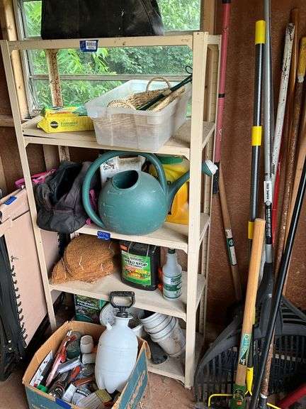 Shelf unit w/ lawn/garden supply contents, tool bag, folding chairs