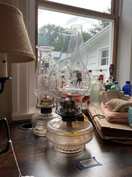 Three glass oil lamps w/ burners and chimneys