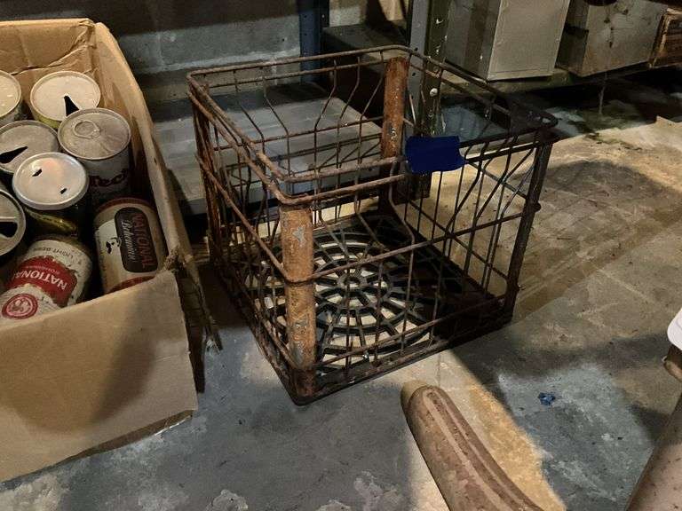 Vintage beer can collection, metal milk crate
