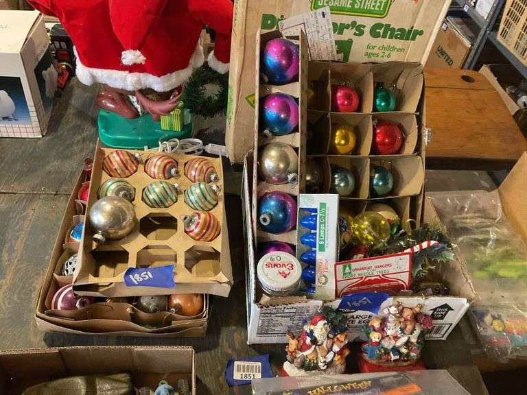Vintage glass Christmas ornaments in boxes, two stocking hangers, fall decor items