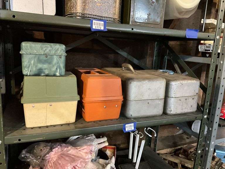 Contents of shelf: tackle boxes