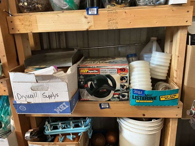Contents of shelf: drywall supplies, buffer, plasticware