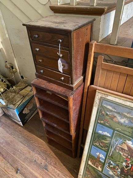 Small oak chest of drawers, wooden file stand, wooden folding chair, live edge clock, framed prints lot