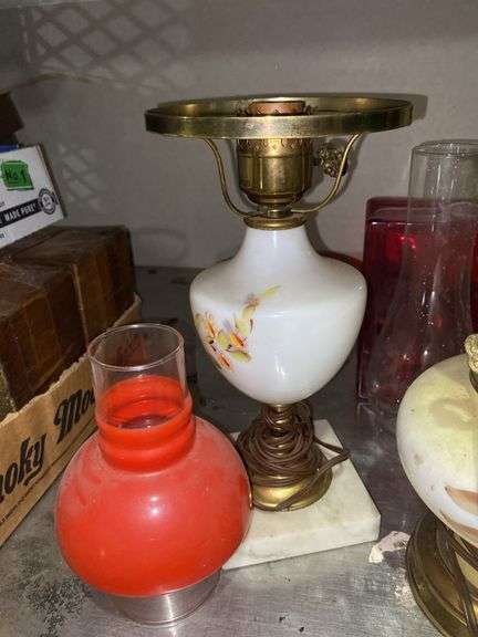 Two lamp bases, two glass chimneys, glass block