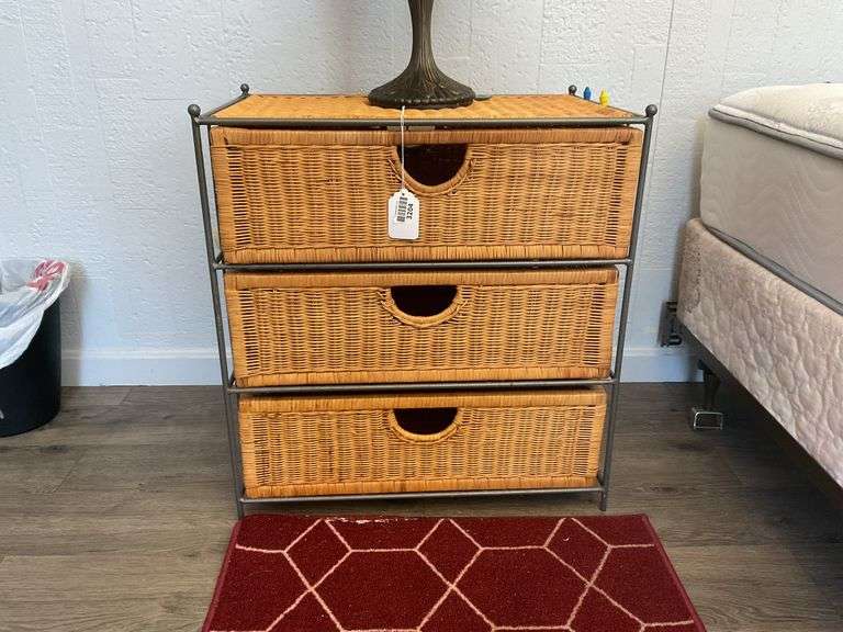 Wrought metal and wicker chest of drawers - no contents 25 IN X 24 IN X 16 IN