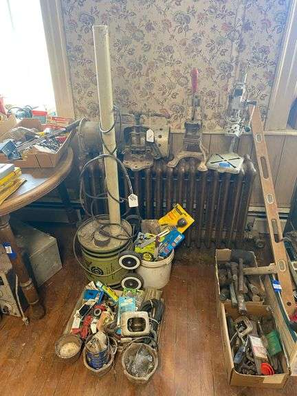 Pipe vise, drill press stand, lead melting pots, french fry cutter, misc