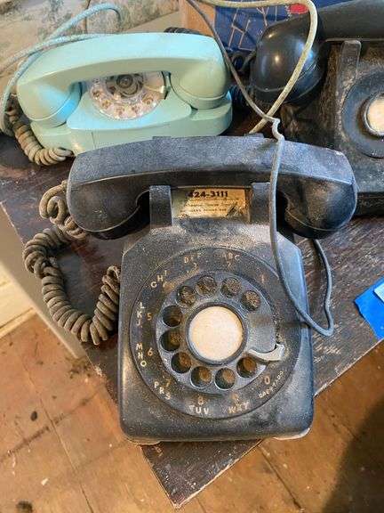 Arts & Crafts telephone stand and contents: vintage telephones including color and boxes 20x18x28