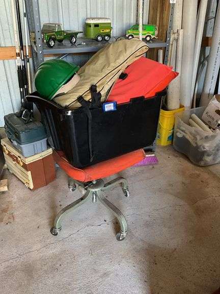 Vintage swivel desk chair, hard hat, flotation vests, tote