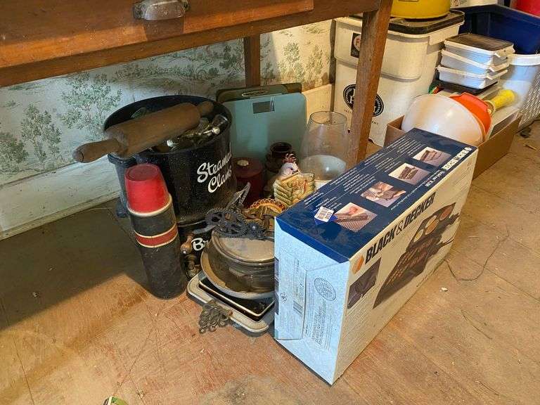 Black & Decker griddle in box, vintage kitchenware, enamel steamer pan, rolling pin, misc