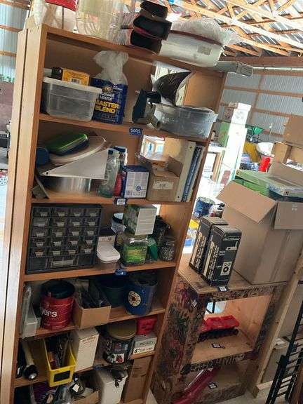 Contents of shelf unit: parts drawer cabinet, packing tape handle, hardware, misc