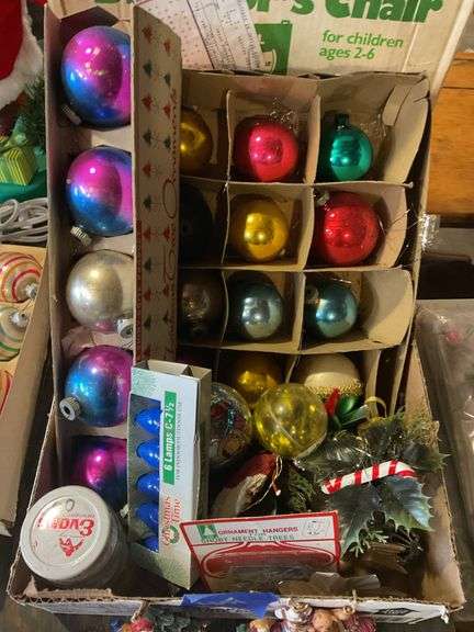 Vintage glass Christmas ornaments in boxes, two stocking hangers, fall decor items