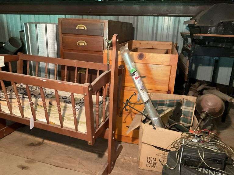 Wooden cradle, Pioneer auto cassette, drawer units, desk light, misc, *** PLEASE NOTE: This item has no stair access and must be picked up on July 15th between 11:00-1:30PM. Item will be removed from loft for pickup.