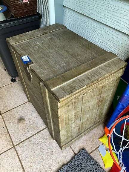 Wooden storage chest w/ boots contents 25x16x20