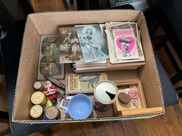 Collectibles lot: postcards, stereo cards, tablets, metal Santa, filmstrip canisters, misc