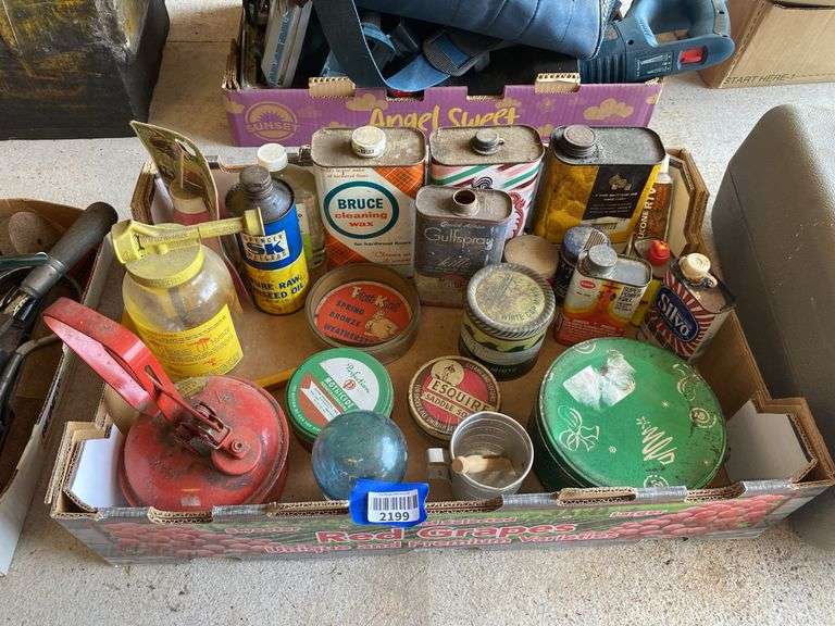 Safety gas can and vintage advertising tins, misc