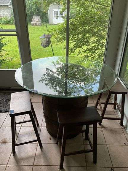 Barrel base round glass top table and four stools 48x48x36
