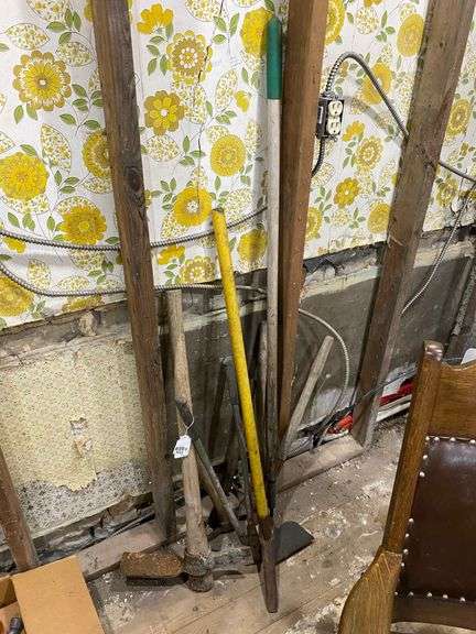 Tool lot including: mattock, hoe, loppers